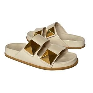 Valentino Garavani One Stud Flat Slide Sandals Ivory White Patent Mule Size 40